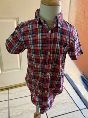 Chaps Red and Blue Plaid Button-Down Short Sleeve Shirt
